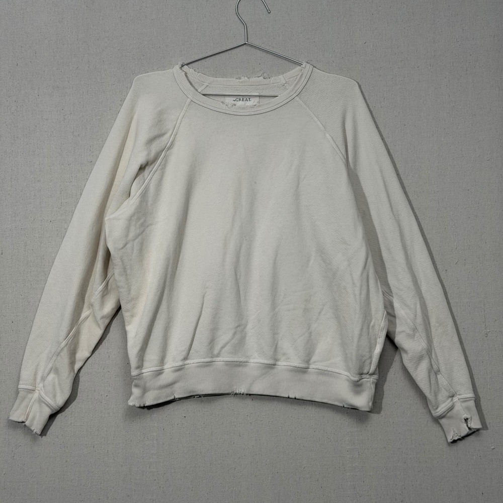 The Great College Sweatshirt Womens 1 Cream Distressed Raglan Cotton Made in USA